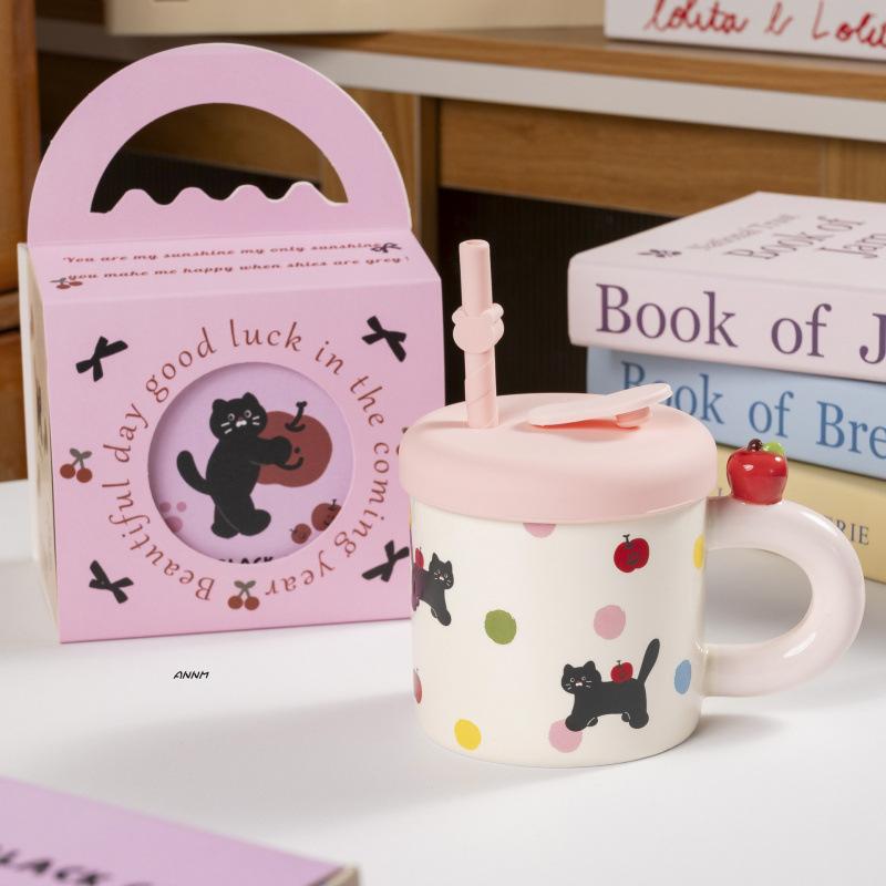 Сувенирная кружка-яблоко высокой ценности с крышкой, подарочная коробка, бытовая чашка для воды, милая кружка с соломинкой, керамическая кофейная чашка