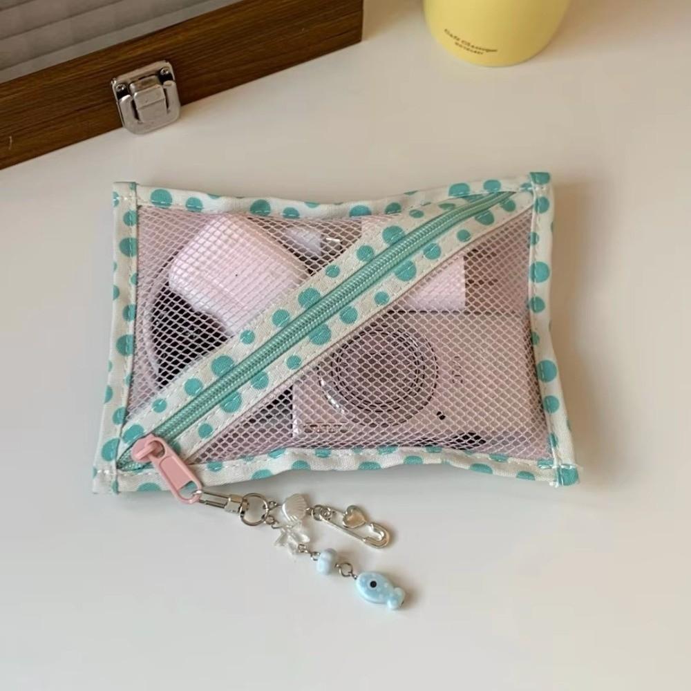 Wide Opening Dot Grid Storage Bag Zipper Closure Mesh Makeup Bag Travel Pouch for Daily Use