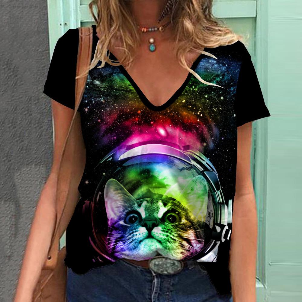 Модная женская футболка с рисунком кошки, короткий рукав, 3D-принт с изображением животных, футболка большого размера с V-образным вырезом, летняя женская одежда Y2k Harajuku