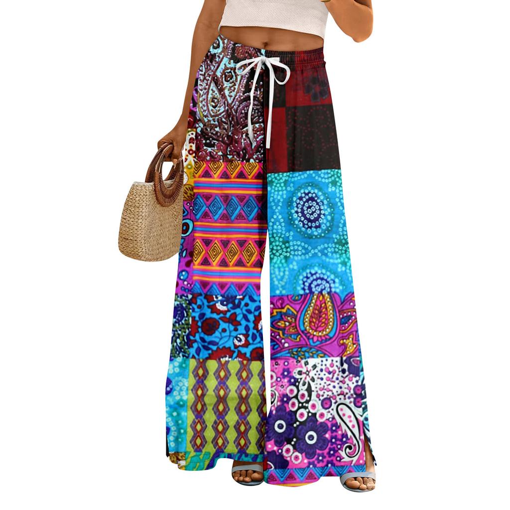 Women Summer Boho Palazzo Pants High Waist Wide Leg Rinting Casual Trousers With Pockets