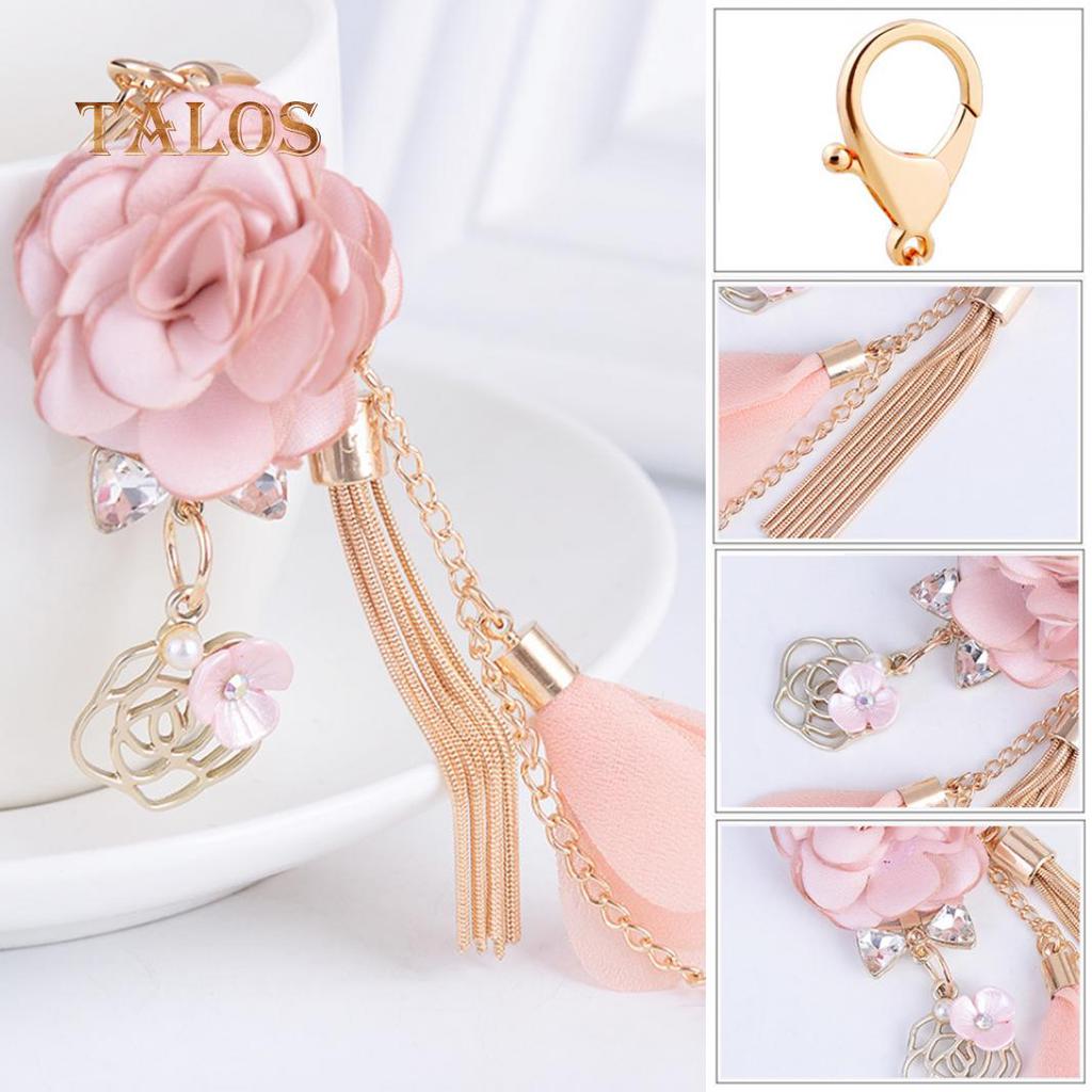 Fabric Flower Long Tassel Keychain Key Chain Keyring Women Handbag Hanging Decor Suspension Trinket