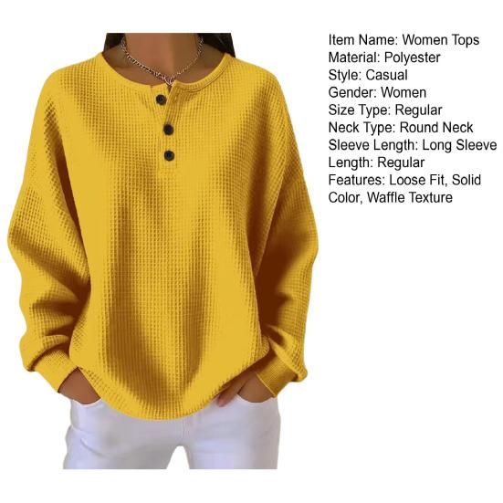 Женские топы с круглым вырезом, декорированные пуговицами, с длинным рукавом, пуловеры, однотонная текстурированная блузка вафельного переплетения для повседневной носки