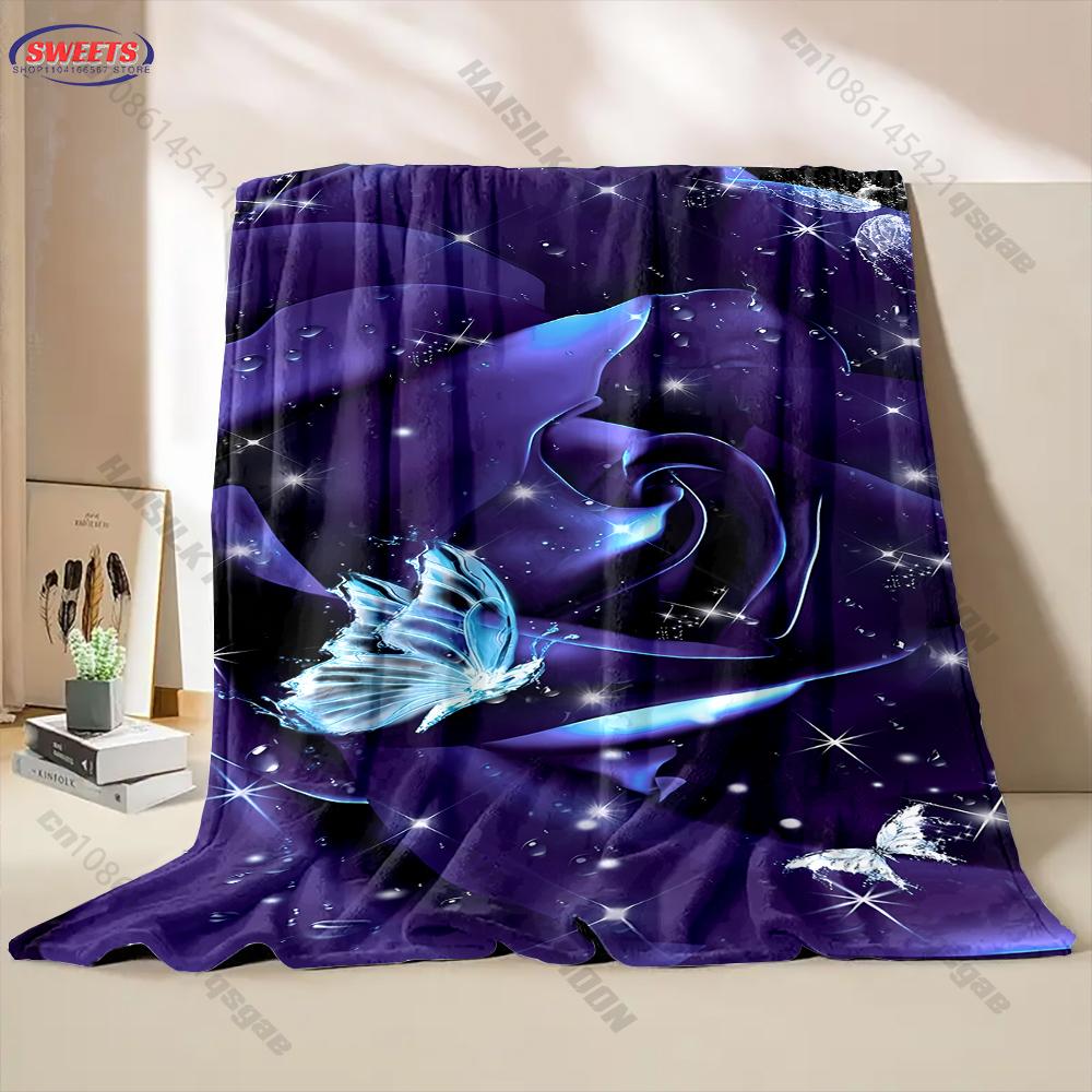 Multi-Size Purple Butterfly and Flower Printed Blankets, Bedroom Living Room Sofa Chairs Bed Blanket Soft and Comfortable Gifts
