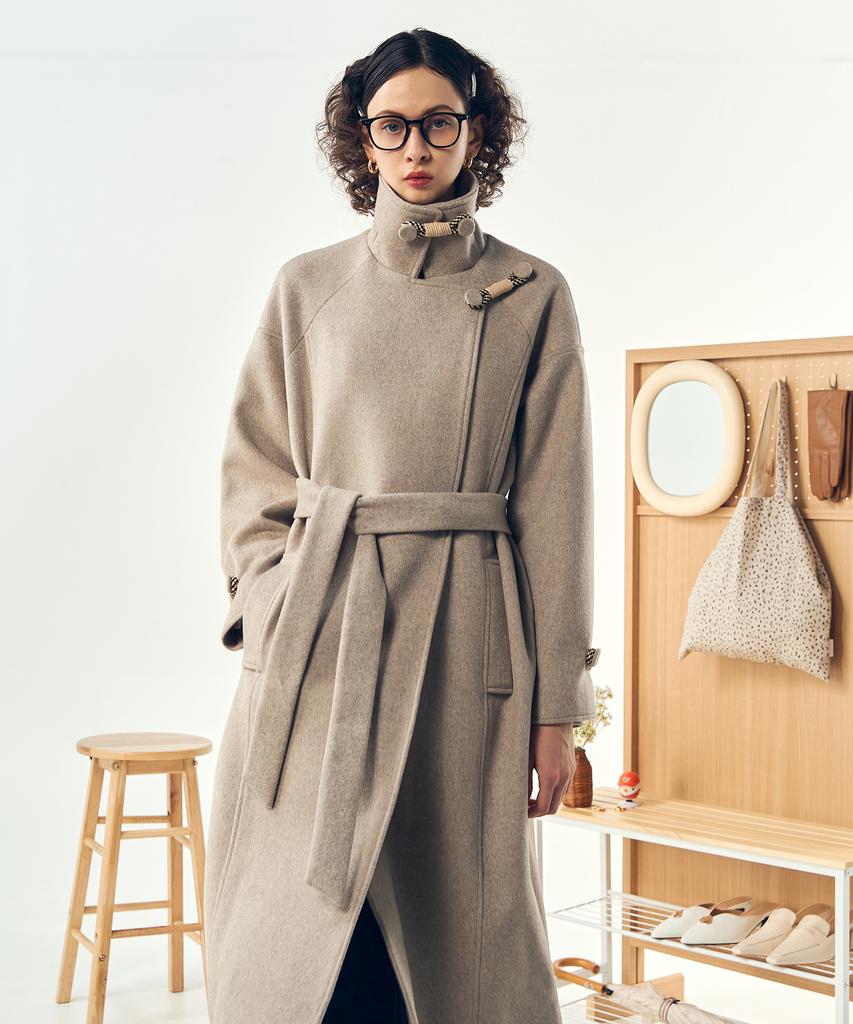De Peri Mera Long Wool Coat With Fastening Point (Oatmeal)