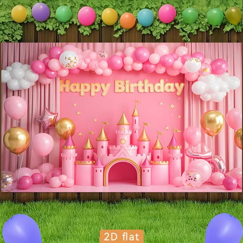 2D Pink Castle Happy Birthday Party Backdrop Princess Balloon & Curtain Photography Background