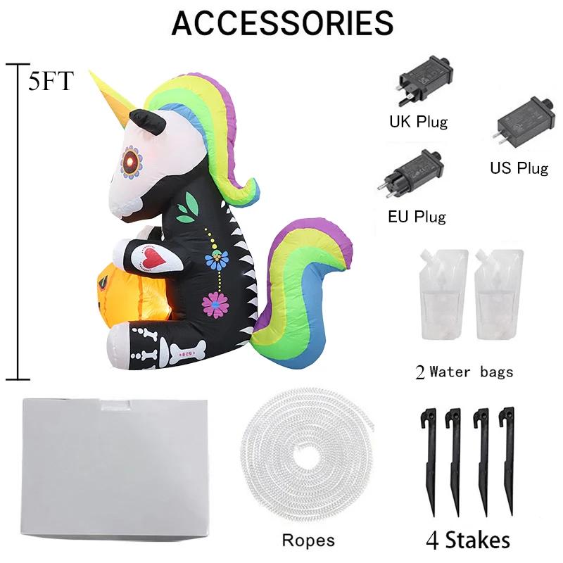 1.5M/5FT Halloween Inflatable Toy Party Decotions Skeleton Unicorn Pumpkin Built-in LED Lights for Outdoor Yard Lawn Decor Prop