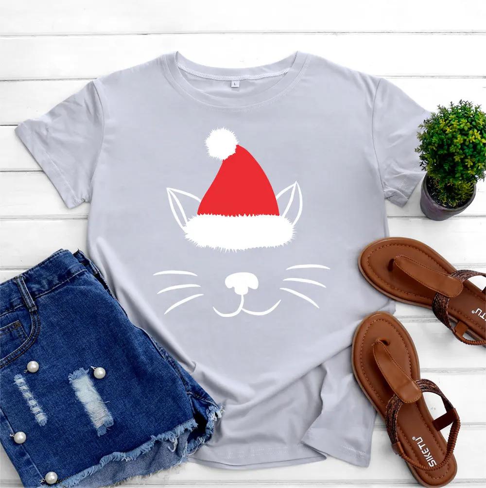 Christmas Hat Cat Face Print T Shirt Women Short Sleeve O Neck Loose Tshirt Women Tee Shirt Tops Camisetas Mujer