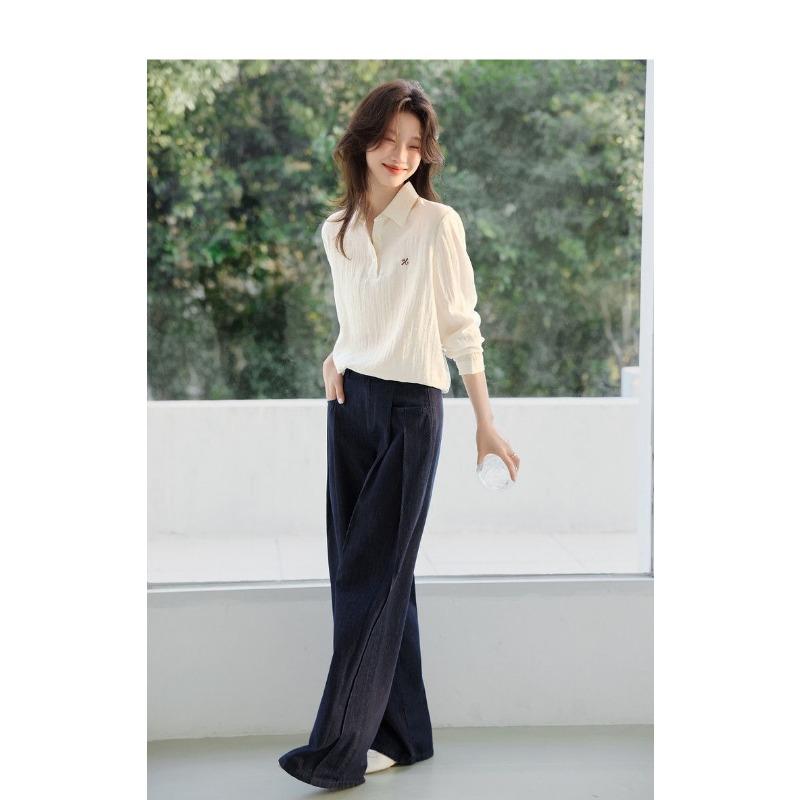 Temperament Versatile Embroidered Lightweight Long-sleeved Casual Shirt for Women 2025 Spring New Basic Classic Commuting