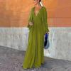 Women Evening Dress Deep V Neck Pleated Long Sleeves Solid Color High Waist Vacation Beach Party Maxi Dress
