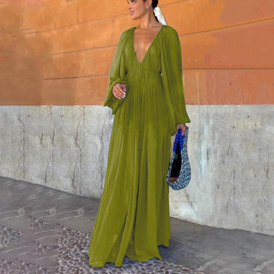 Женское вечернее платье с глубоким V-образным вырезом, плиссированное, с длинными рукавами, однотонное, с высокой талией, для отпуска, для пляжной вечеринки, платье макси, длинное платье для выпускного вечера