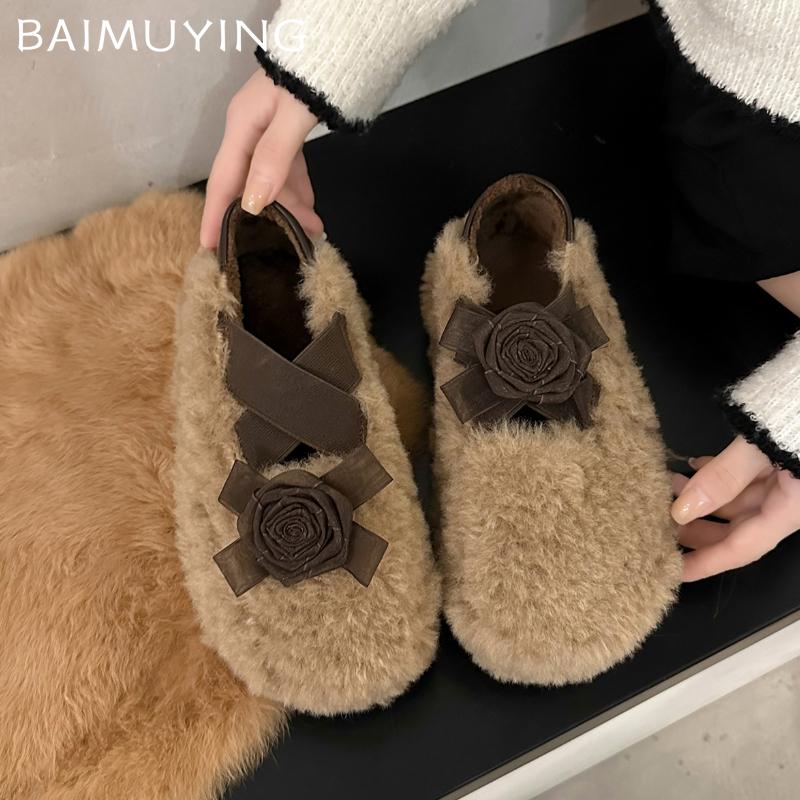 Fur Flower Women Flats Loafers Shoes Warm Cotton Fluffy Slippers 2025 Trend Winter Warm Snow Boots Sneakers Ballet Dance Shoes