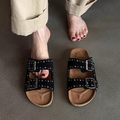 Ретро шлепанцы на толстой подошве женские для улицы лето новая мода заклепки ремешок с пряжкой крутые шлепанцы