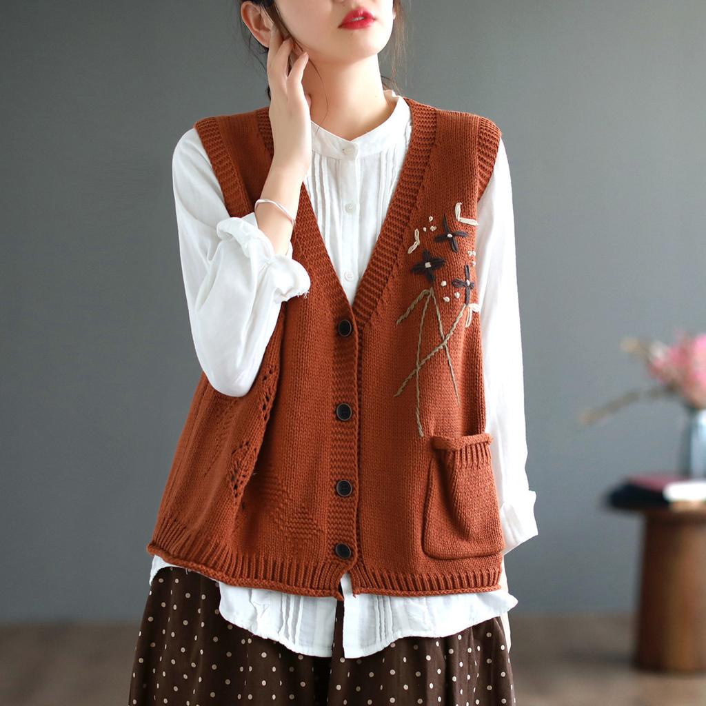 Корейская мода ручной вязки свитер с цветочным карманом весна-лето женский жилет вязаный безрукавный топ винтажный жилет