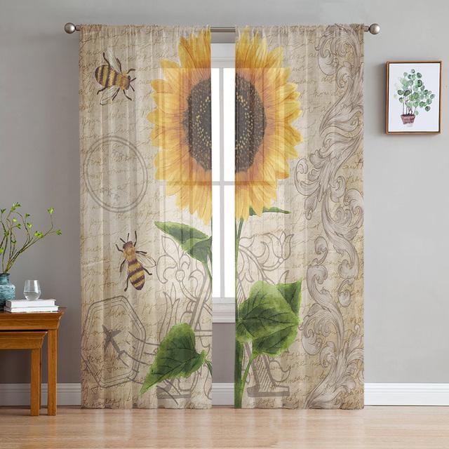 Bee Azalea Retro Flower Tulle Curtains For Living Room Bedroom Decoration Modern Chiffon Sheer Voile Kitchen Window Curtain