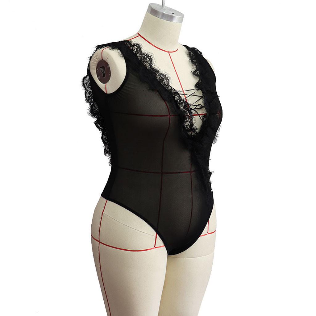 Women Plus Size Sexy Underwear Pajamas Lingerie Deep V-Neck Backless Bodysuit