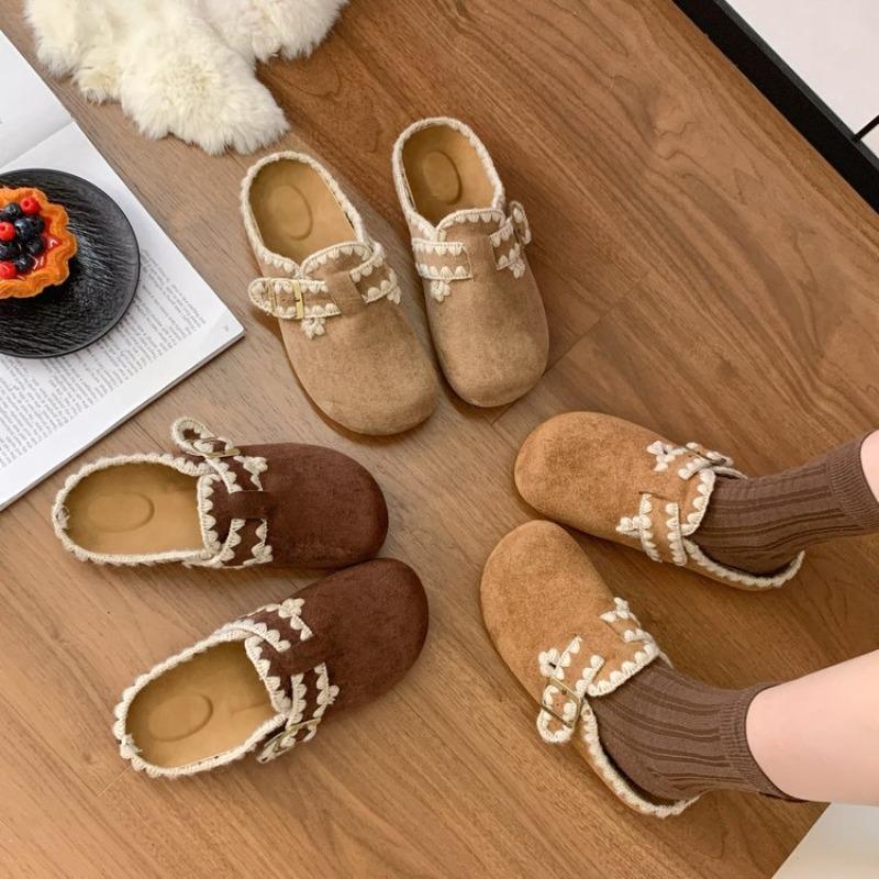 Retro Rubber Sole One-pedal Slippers Autumn and Winter New Bag Head Lazy Shoes Embroidered Platform Slippers