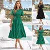 Women's Short Sleeve Smocked Midi Dress Summer Crew Neck Pleated Long Dress Casual Tiered Flowy A-line Dress