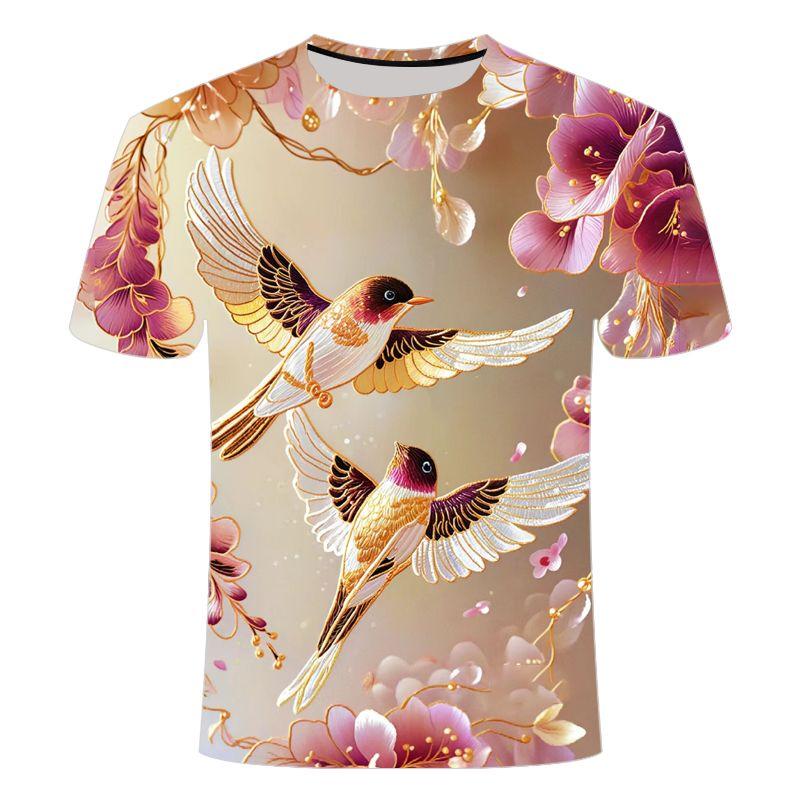 2024 Summer New Men's and Women's 3D Printed Round Neck T-shirt Popular, Personalized New Chinese Bird Series