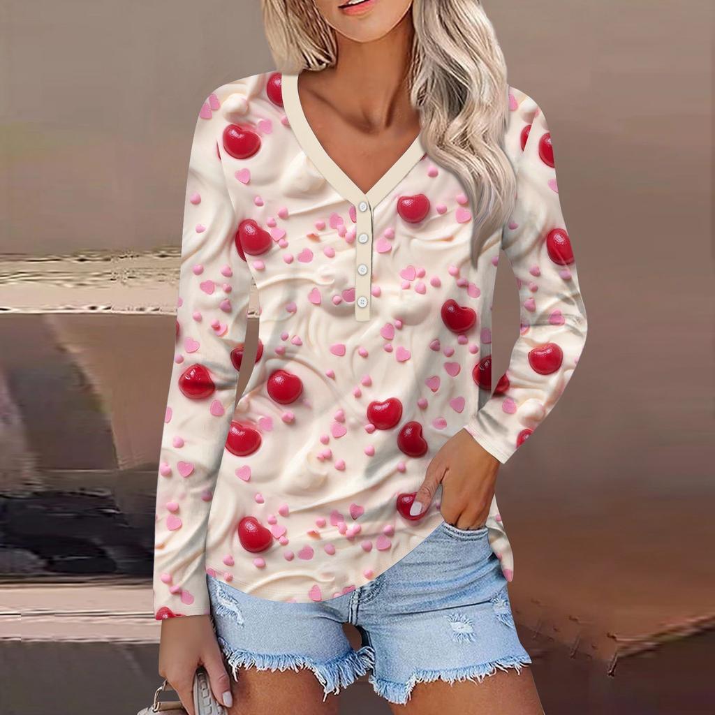 Женский модный повседневный топ с длинным рукавом и V-образным вырезом на пуговицах ко Дню святого Валентина с принтом в виде сердца
