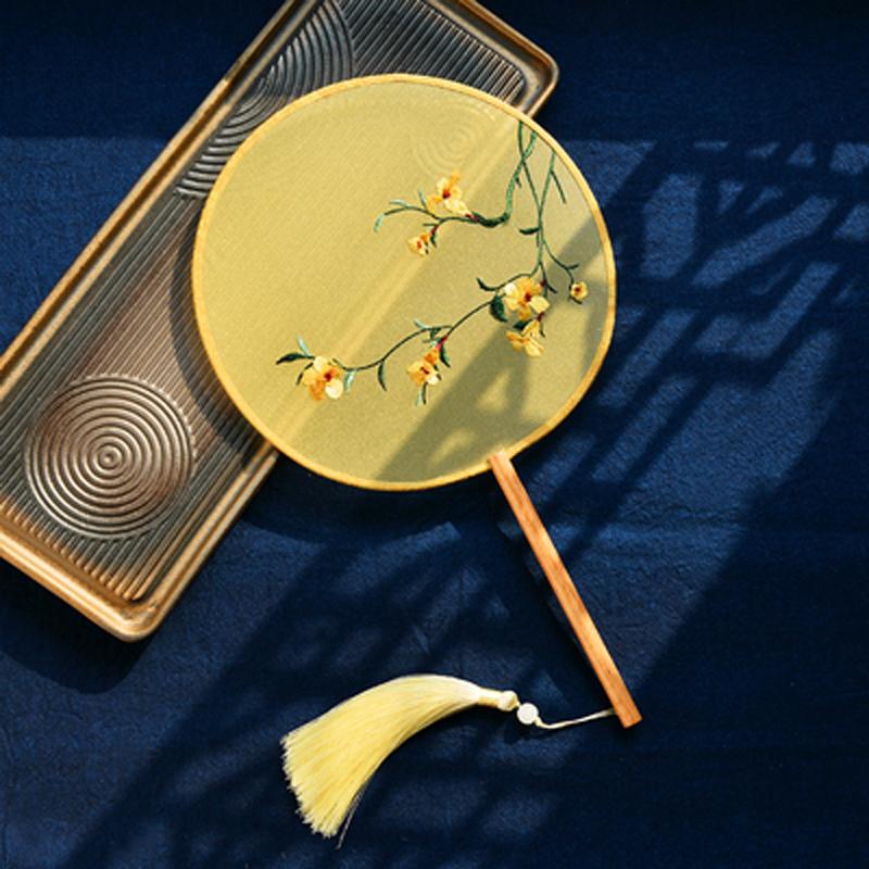 Circular Round Hand Fan, Chinese Traditional Art Embroidery, Classical, Ancient Costume, Han Fu Cheongsam with Long Handle