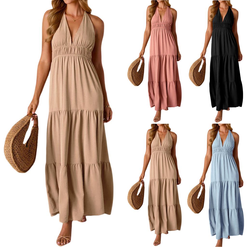 Women's Fashionable Sexy V-neck Neck Sleeveless Solid Color Party Dress