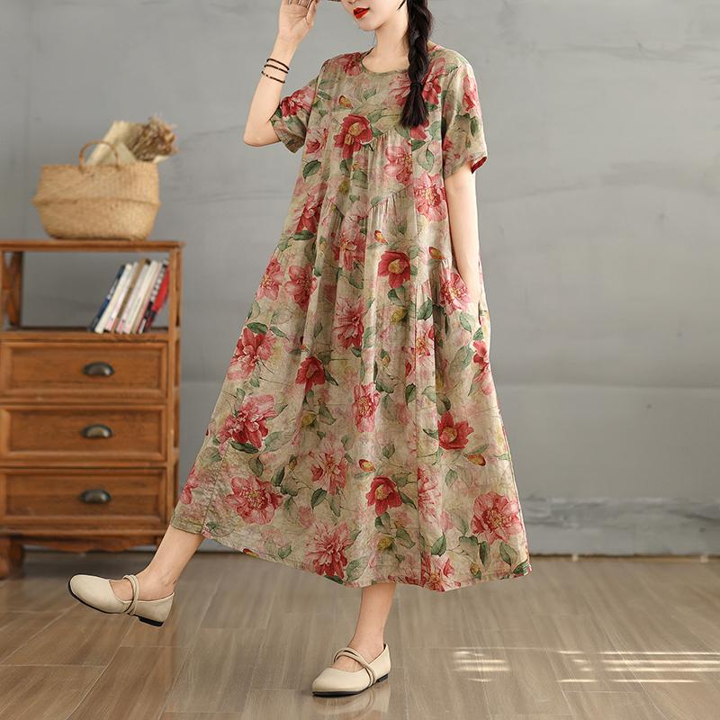 DIMANAF 2025 Women Plus Size Spring Summer Dress Casual Floral Dress Basic Vintage Loose Long Dress Maxi 9298