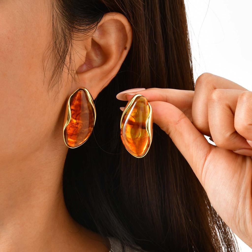 White Brown Green Resin Geometric Stud Earrings, Gold Plated Stainless Steel Earrings, New Design Jewelry for Women Gift