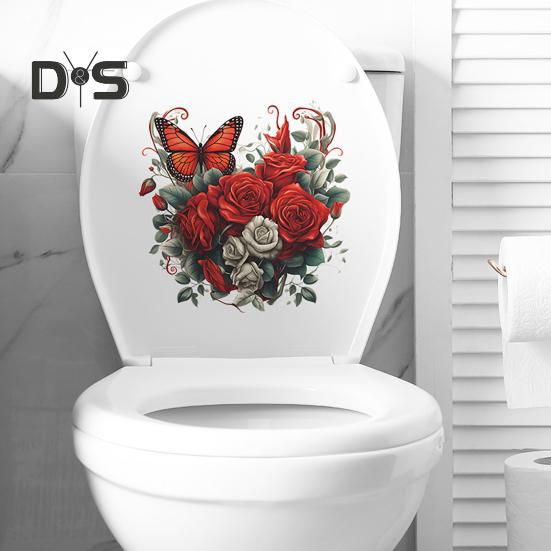 Наклейка на унитаз с бабочками и цветком розы, съемная водонепроницаемая наклейка из ПВХ для гостиной, ванной комнаты, стены искусства, цветочная крышка для унитаза, украшение на день Святого Валентина