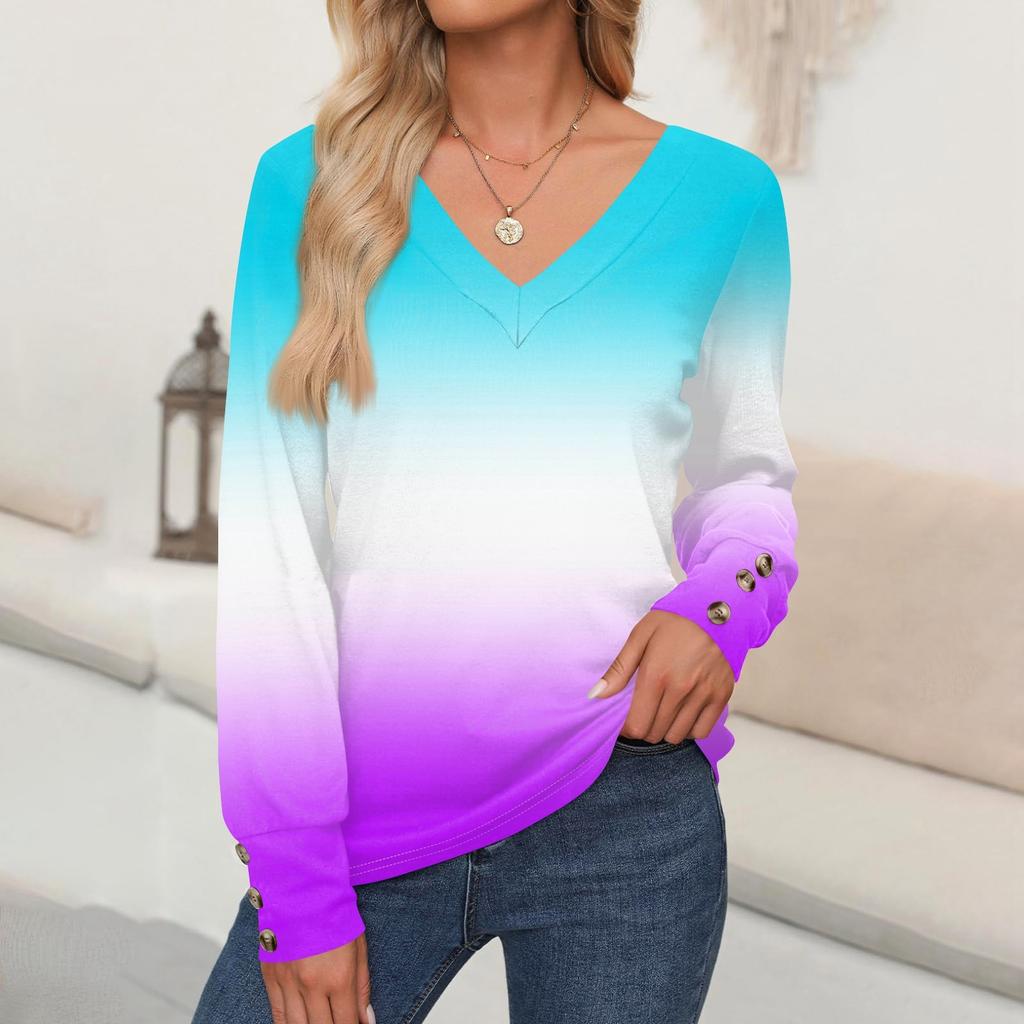 Women's Tops Gradient Printed Long Sleeve Shirt V Neck Casual Loose T-Shirt Autumn Clothing