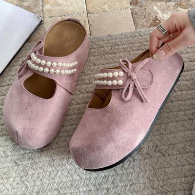 Модная женская обувь на плоской подошве, модные туфли с круглым носком и неглубоким вырезом из замши с бисером и бантом-бабочкой, на мягкой подошве, противоскользящие, для ношения дома