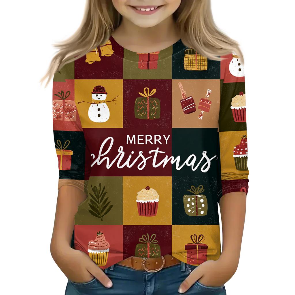 Children's 3/4 Sleeve Round Neck Top Christmas Tree Printed Everyday Casual Top