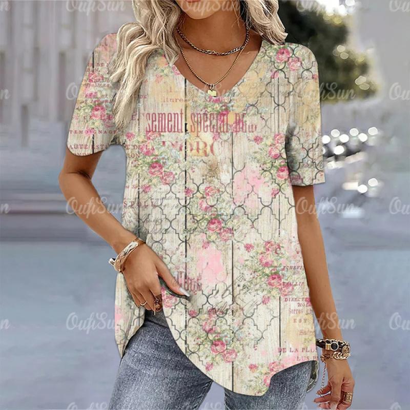 Женская футболка с 3d цветами и принтом, топы, летняя футболка с v-образным вырезом и коротким рукавом, новый дизайн, пуловер, модная женская одежда больших размеров