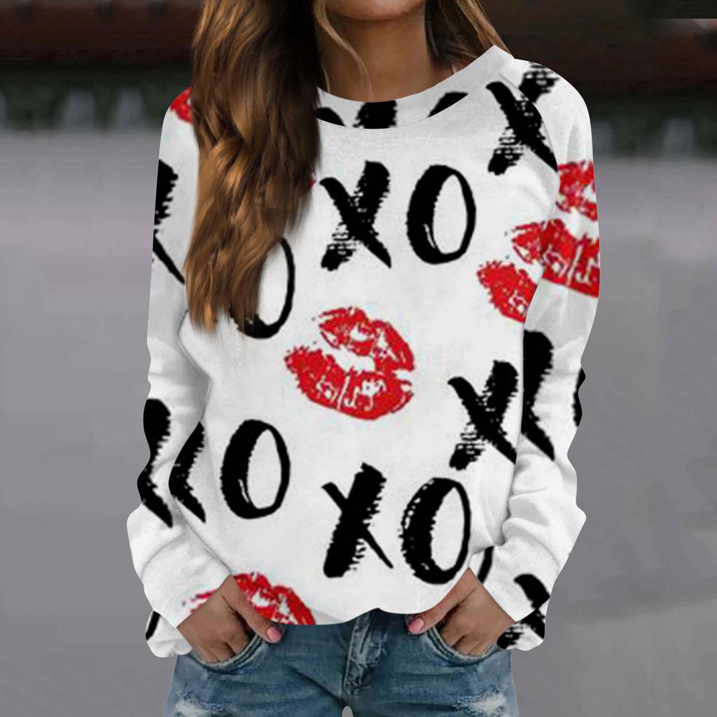 Женская модная повседневная толстовка с длинным рукавом и принтом на День святого Валентина и круглым вырезом