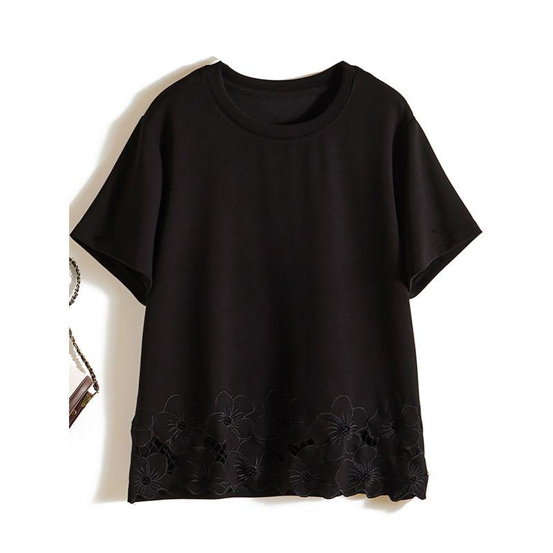 Japanese Style Export Orders! Taipan Pure Color Round Neck New Carved Hollow Flower Craft Short Sleeve Cotton T-shirt for Women Summer