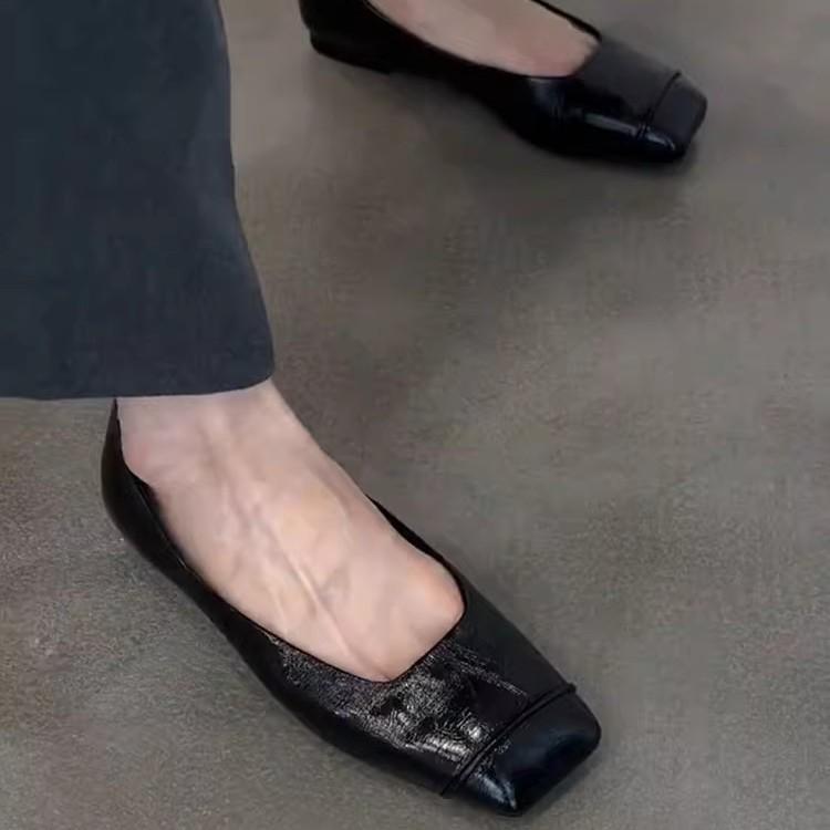 Версия из овчины~ черные ретро тонкая кожа удобные для通勤 плоские туфли женские минималистичные с квадратным носком слипоны маленькие одинарные туфли
