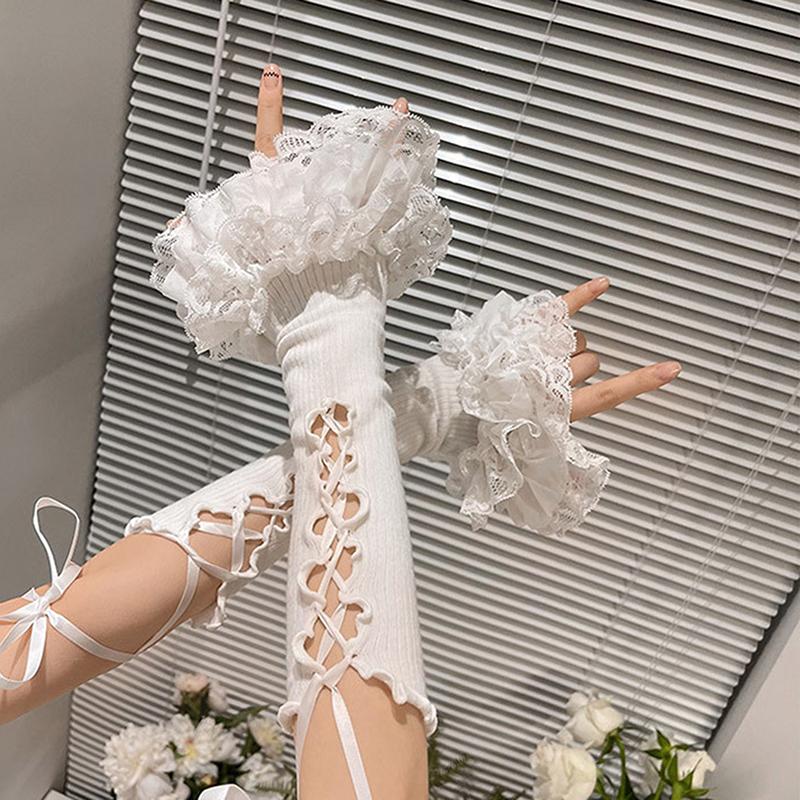 Женские кружевные гофрированные перчатки без пальцев с завязками на рукавах до локтя, эстетичные манжеты в стиле кавайной Лолиты