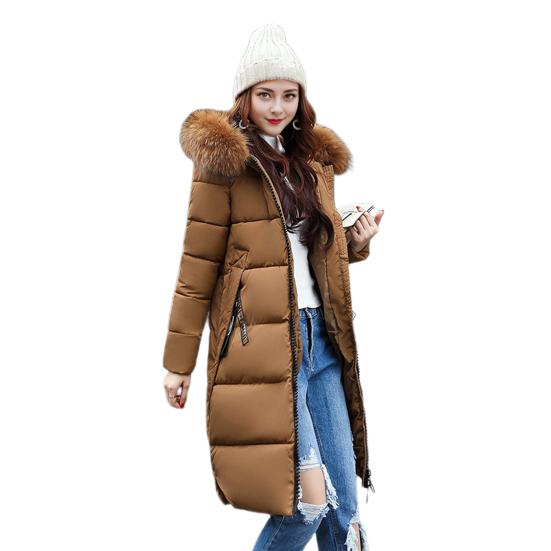 Winter Women Cotton Jacket with Furry Hood Long Sleeves Pockets Heat Retention Knee Length Zip-up Padded Coat Solid Color Windproof Outwear Parka