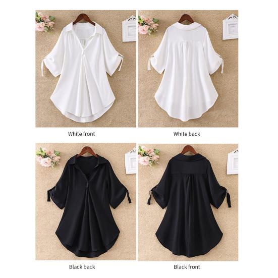 Женская рубашка с лацканами и половиной рукава, повседневные топы средней длины, сплошной цвет с талией, обтягивающая свободная шифоновая блузка, повседневная одежда