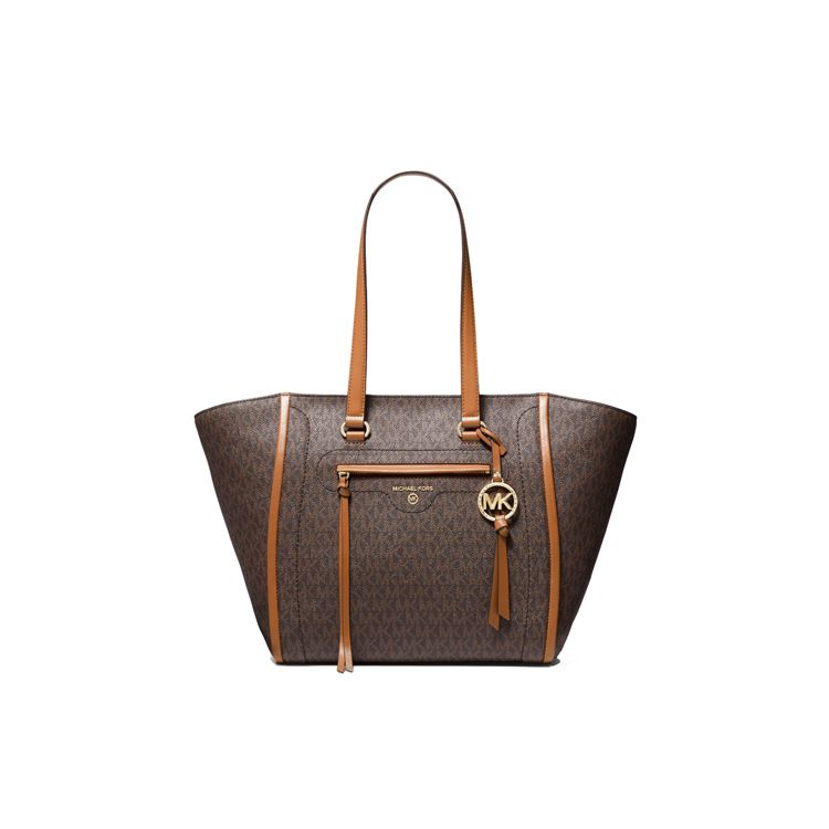 Michael Kors MK Carine Монограмма Color Block Логотип с буквами Холщовая сумка-тоут Женские сумки-тоут Темно-коричневый Желудево-коричневый 30S1GCCT3B-252
