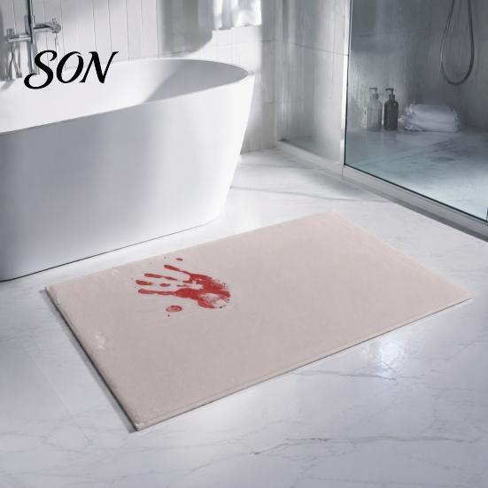 Funny Halloween Party Supplies Creepy Bathroom Rug, Color Changing Blood Red Footprint Escape Room Scene Decor Non Slip Scary Bath Mat for Home
