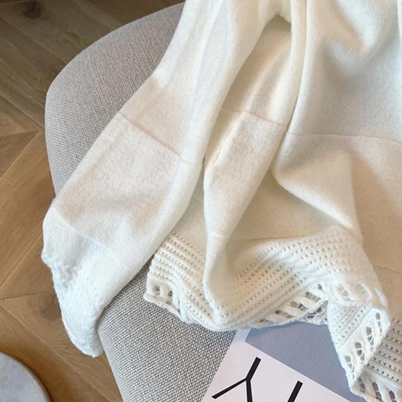 Осень Зима С круглым вырезом Ажурный Белый Свитер Женский Повседневный Модный Универсальный Вязаный Пуловер Топ