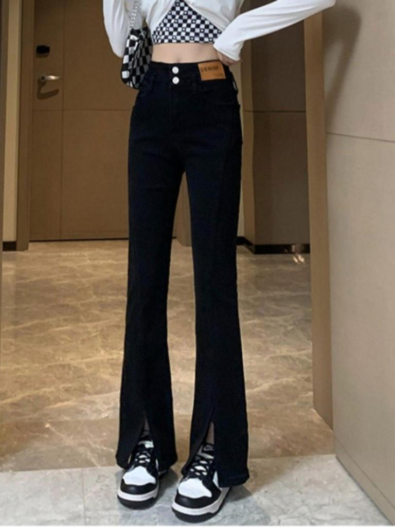 Женские черные расклешенные джинсы с высокой посадкой - Коллекция Весна/Осень 2025, Узкие, в пол, с возможностью выбора маленького размера.