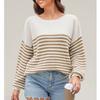 Women's Fashionable Round Neck Striped Knitted Sweater Pullover Sweater Long Sleeved Top