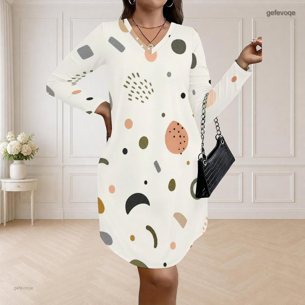 Women Plus Size V Neck Long Sleeve Pink Purple Plaid Printed Loose Curved Hem Dress