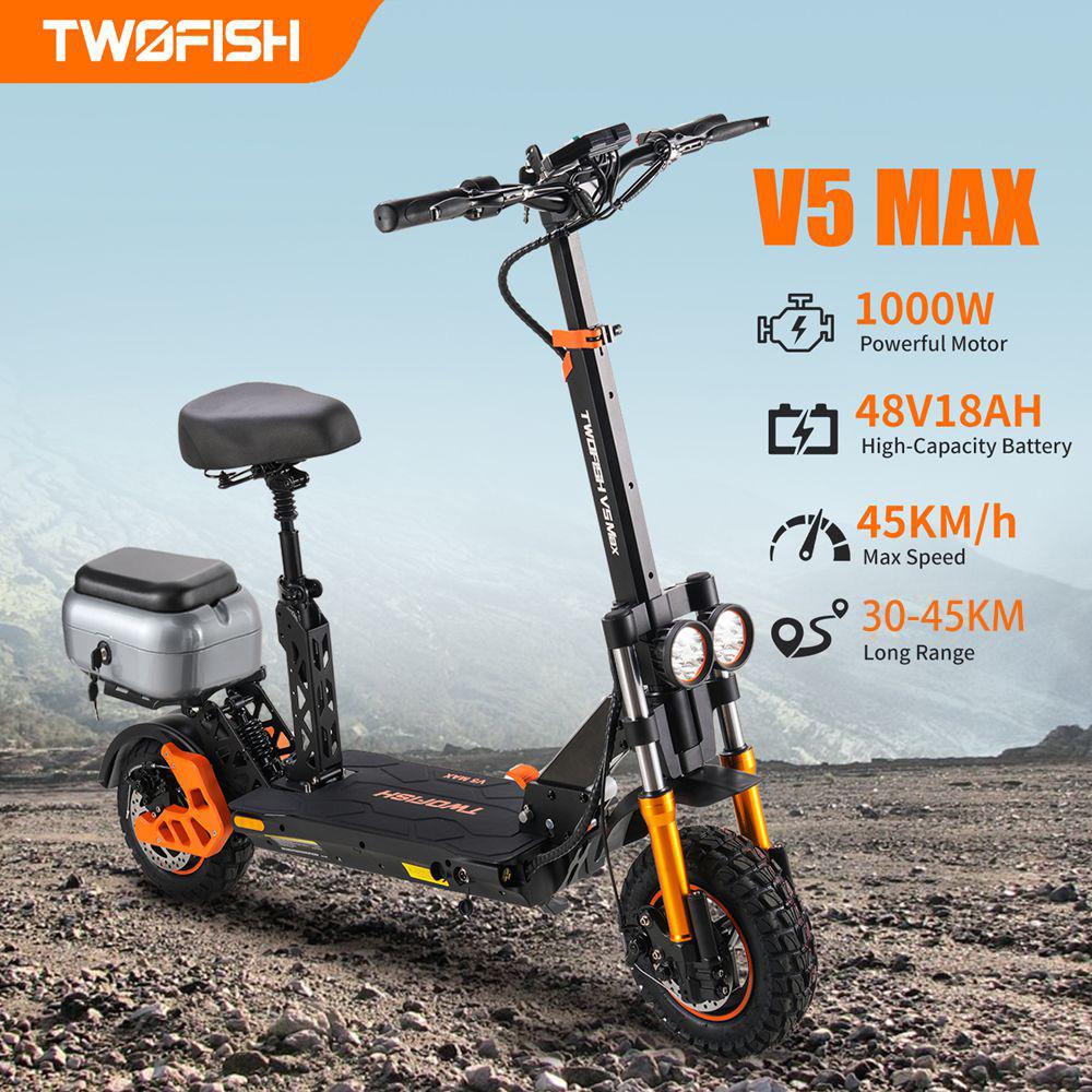 Электросамокат Twofish V5 Max с 11-дюймовыми колесами, пиковой мощностью двигателя 1000 Вт, для городских поездок, с сиденьем, 48 В 18 Ач, двойные дисковые тормоза, максимальная нагрузка 120 кг