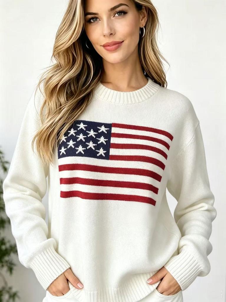 Точечный Эстетичный Винтажный Свитер Свободный Флаг Европа и Америка Пасха День Независимости Amazon US Вязаный Свитер