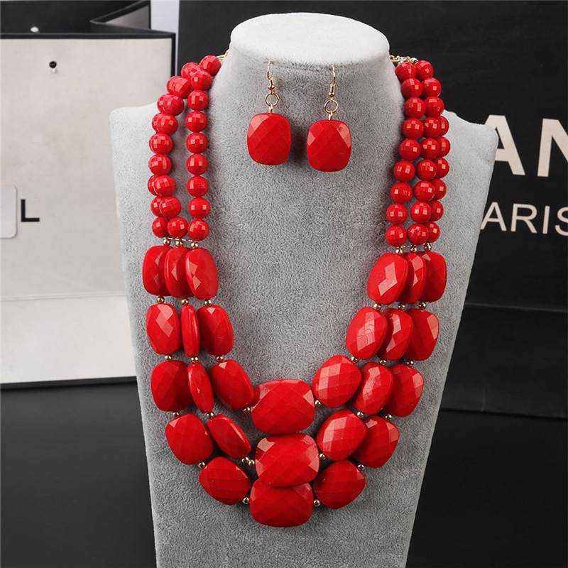 1Set Statement Bib Beaded Multilayer Necklace Women Chunky Earrings Simple Colorful Boho Jewelry Gift