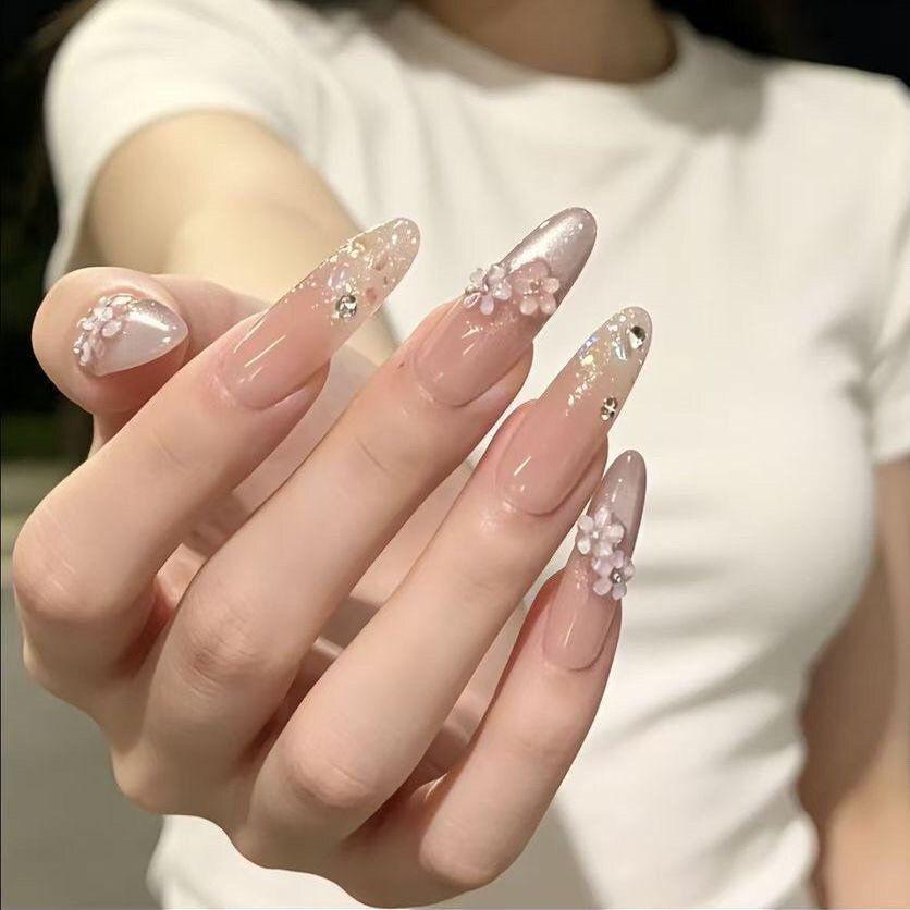 Autumn Bridal Rhinestone Long Nails - Elegant Whitening False Nails for Weddings