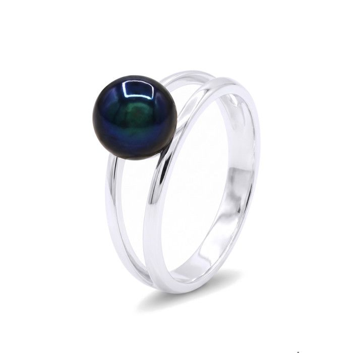 Bague - Pearls & Colors - Perle de Culture d'Eau Douce 8-9 mm Bouton - Perle Noire - Argent 925 - Qualité AAA+ - Femme