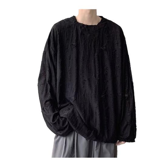 Мужская футболка с круглым вырезом, длинным рукавом, рваными отверстиями, однотонный джемпер, топы в уличном стиле, базовый слой, уличные топы